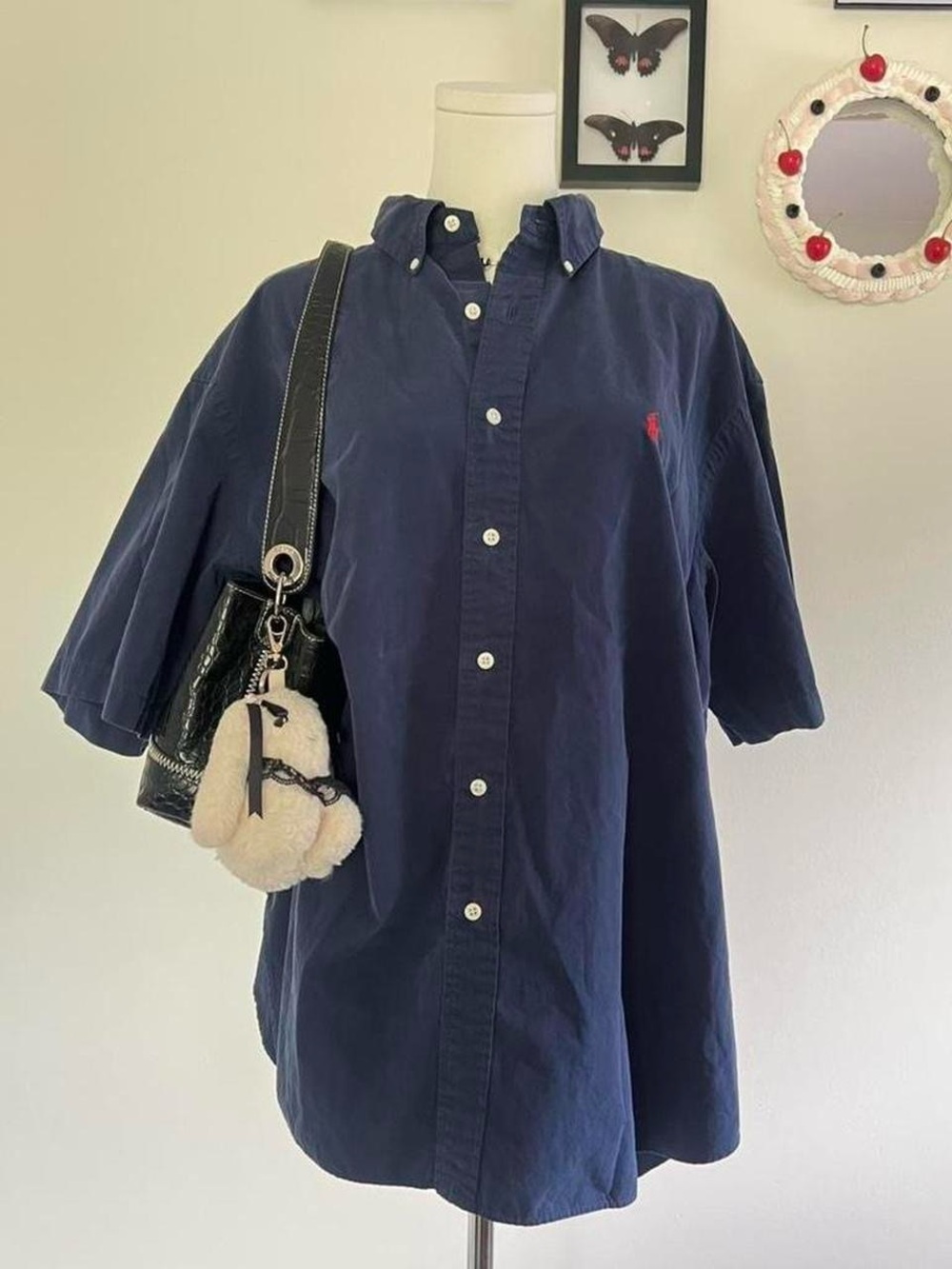 Ralph Lauren Navy Short-Sleeve Button-Down Shirt with Red Pony